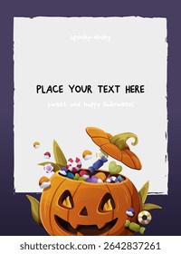 Vector Halloween card template with a smiling pumpkin full of candies and space for custom text. Fun festive design on a dark purple and light gray background. Ideal for invitations or greetings
