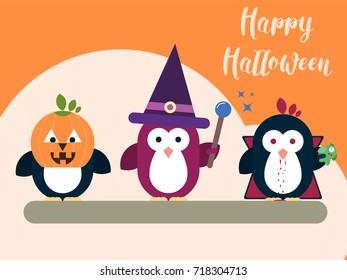 Vector Halloween card template with stylized penguin characters. Modern flat illustration.
