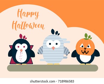 Vector Halloween card template with stylized penguin characters. Modern flat illustration.