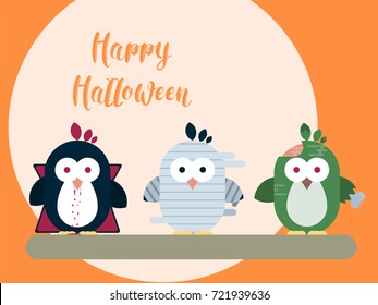 Vector Halloween card template with stylized penguin characters. Modern flat illustration.