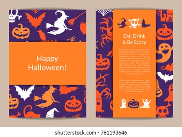 Vector halloween card templates with witches, pumpkins, ghosts, spiders silhouettes with place for text illustration