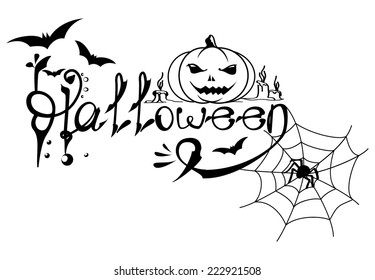 Vector Halloween card with text, bats, scary pumpkin, spider web in black and white colors