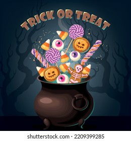 Vector Halloween card will cauldron full of sweets