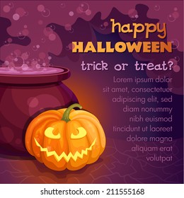 Vector halloween card with witch cauldron boiling the potion and scary pumpkin 