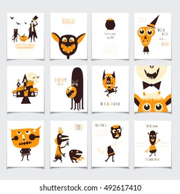 Vector halloween cards set with funny monsters. Cartoon illustration for posters, party invitations, greeting cards, flyers, banners, web designs.