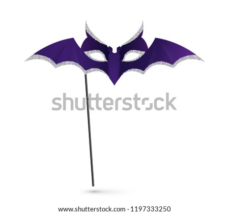 Vector Halloween carnival mask with handle, violet bat silhouette.