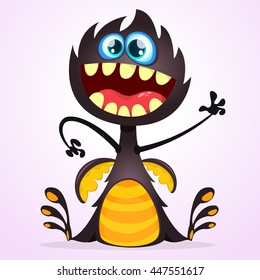 Vector Halloween cartoon black dragon with tiny wings waving his hand. 