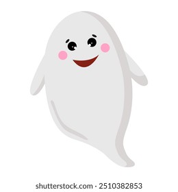 Vector halloween cartoon ghost with funny scary face emotion. Flying phantoms. Halloween white poltergeist isolated on white background.