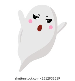 Vector halloween cartoon ghost with funny scary face emotion. Flying phantoms. Halloween white poltergeist isolated on white background.