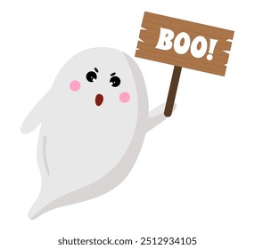 Vector halloween cartoon ghost with funny scary face emotion. Flying phantoms. Halloween white poltergeist isolated on white background.