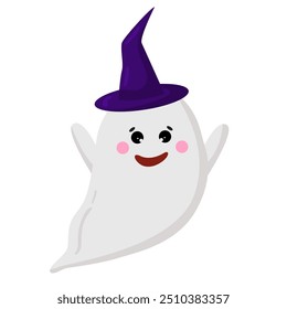 Vetor halloween fantasma de desenho animado em chapéu de bruxa com engraçado rosto assustador emoção. Fantasmas voadores. Halloween branco poltergeist isolado no fundo branco