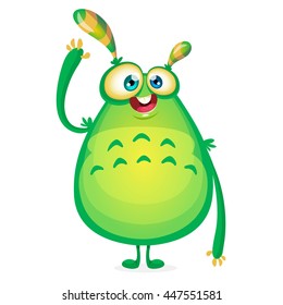 Vector Halloween cartoon of a green slimy alien says Hallo and waving his hand. 