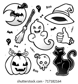 vector halloween cartoon halftone black and white monochrome set 