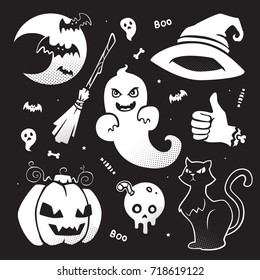vector halloween cartoon halftone black and white monochrome set 