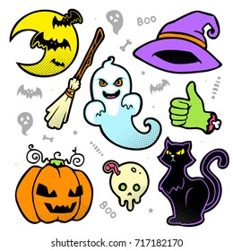 vector halloween cartoon halftone patch set set 