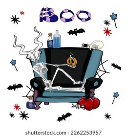 Vector Halloween cartoon illustration. Boo. Party banner with skeleton on the sofa and pumpkin Jack o lantern in hand. Isolated on white. For printing packaging, cards, designers, clothes, icon, logo