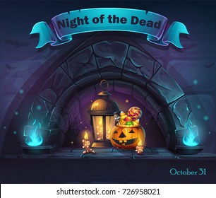 Vector Halloween cartoon illustration Night of the dead. Background image to create original video or web games, graphic design, screen savers.