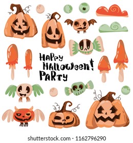 vector halloween cartoon illustration. a set of terrible, evil monsters of bats, pumpkins, candies, mushrooms.