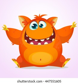 Vector Halloween cartoon of an orange fat and fluffy  monster smiling and waving. 