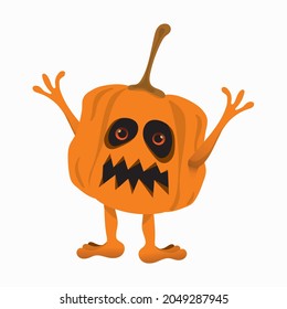 Vector Halloween cartoon of pumpkin monster with arms, hands, and legs on white background, pumpkin monster is yelling, raised hands. Isolated pumpkin on white background.