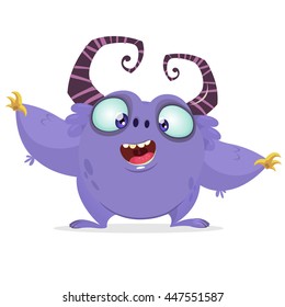 Vector  Halloween cartoon purple monster with big horns waving his hand