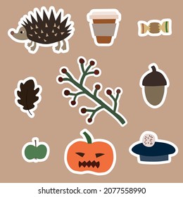 vector with halloween carved pumpkin and fall season stickers on beige