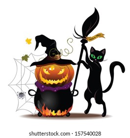 Vector Halloween cat with a broom, pumpkin and pot