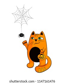 Vector Halloween Cat, Cute Animal Character Illustration, Personage with Spider Isolated on White Background.