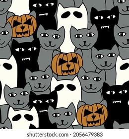 Vector Halloween cat doodle seamless pattern. Hand drawn, funny cat ghosts, vampires and pumpkin heads. Perfect for fabric, wallpaper, scrapbooking and stationery.