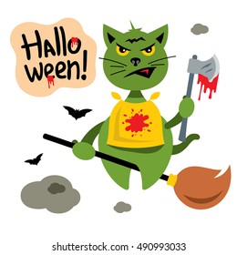 Vector Halloween Cat flying on Witch Broomstick Cartoon Illustration.