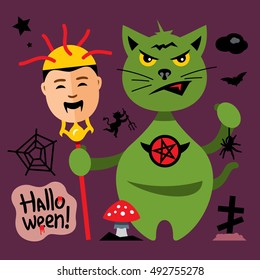 Vector Halloween Cat in Graveyard Cartoon Illustration.