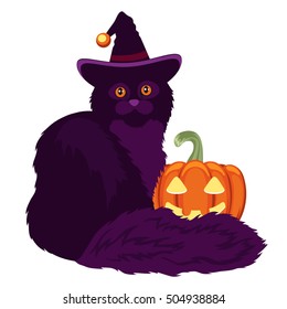 Vector Halloween cat and pumpkin isolated on white.