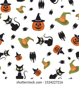 Vector halloween cats, pumpkins, bats and witch hats seamless repeat pattern background