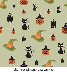 Vector halloween cats, pumpkins, bats and witch hats seamless repeat pattern background