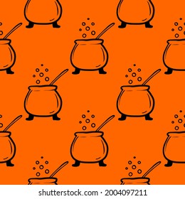 Vector Halloween cauldron pattern.  Black and orange line drawing. Spooky theme symbol, perfect for party decorations, scary gifts, and wrapping paper.