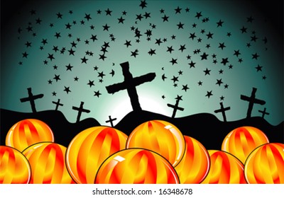 Vector Halloween cemetery with pumpkins