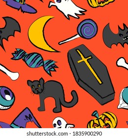 vector halloween character black rough outlines brush stroke seamless pattern on orange
