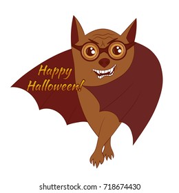 Vector halloween character of crazy bespectacled bat with text.