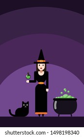 vector halloween character cute witch with black cat, cauldron and potion