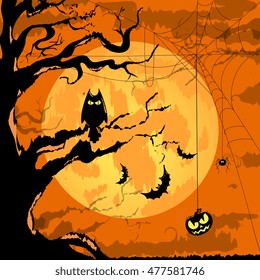 Vector Halloween Characters and Icons for Halloween in Cartoon Style on Moon Background