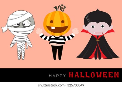 vector halloween characters including mummy, funny pumpkin monster and cute dracula in flat design