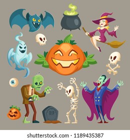 Vector Halloween characters - scary vampire, spooky green zombie and pretty witch. Cartoon skeletons, bat, pumpkin - jack-o-lantern isolated on gray background. Cute elements for the October holiday.