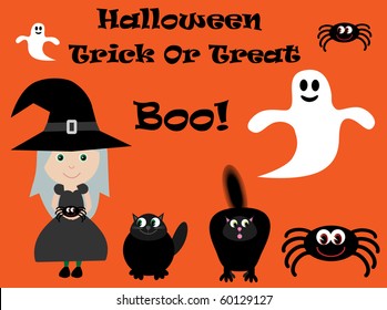 Vector Halloween characters - witch, spiders, ghosts & cats