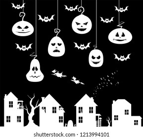 vector Halloween city illustration black and white poster with pumpkins and bats