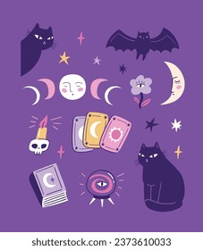 Vector Halloween clip art. Set of magic elements in hand-drawn style. Black cat and mystical objects.