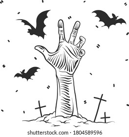 Vector halloween clipart zombie hand and the bats. Illustration for seasonal design, textile, decoration kids playroom or greeting card. Isolated sketch object. Flat vector illustration