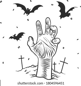 Vector halloween clipart zombie hand and the bats. Illustration for seasonal design, textile, decoration kids playroom or greeting card. Isolated sketch object. Flat vector illustration