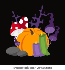 Vector Halloween collage. Pumpkin and mushrooms toadstool and amanita and ritual candles and branches on a black background. Mystical atmosphere in a cartoon style. 