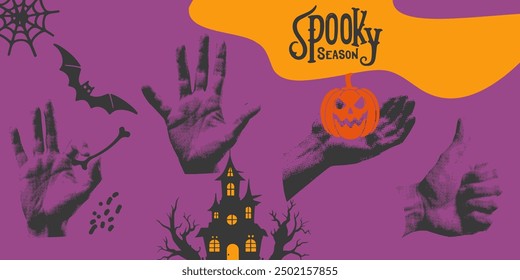 Vector Halloween collage  with pumpkins,  bats and half tone pop art style hands and lettering Spooky Season. 