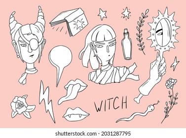 Vector halloween collection with hand drawn flowers, witches and monsters. Cute design for Halloween party decorations. 